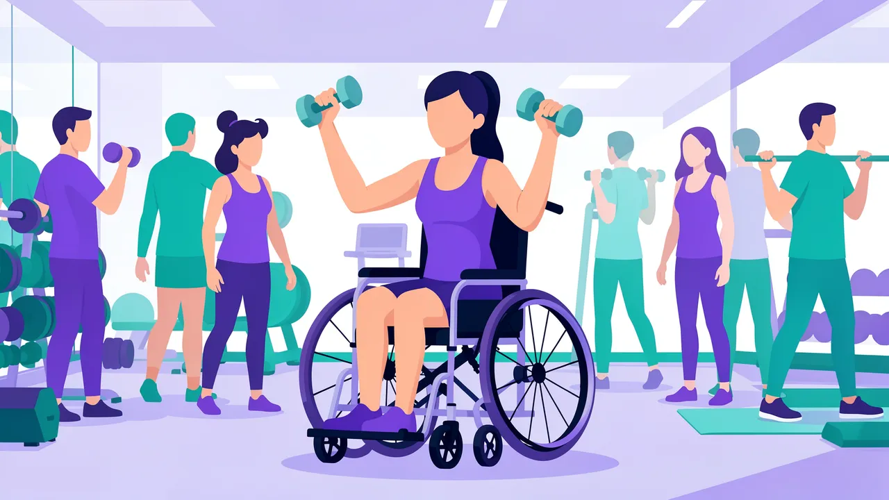 Faceless flat vector illustration of a woman in a wheelchair lifting dumbbells alongside other gym goers in a bright purple