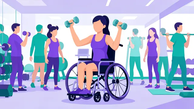 Faceless flat vector illustration of a woman in a wheelchair lifting dumbbells alongside other gym goers in a bright purple