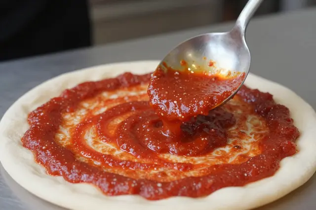 A metal ladle pours tomato sauce onto an uncooked pizza dough base on a countertop.