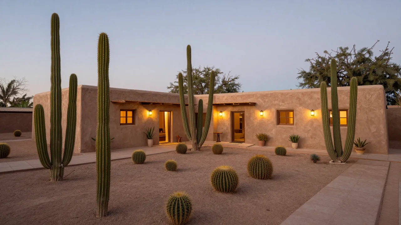 Warm lit adobe guesthouse surrounded by cacti in a walled desert courtyard at dusk