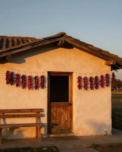 Sunlit adobe cottage with dried red chile strings, wooden door, and bench at golden sunset