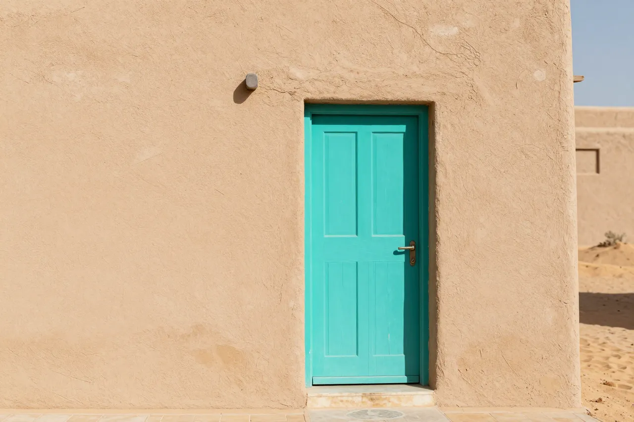 Turquoise front door set into a textured tan adobe wall in a sunny desert setting