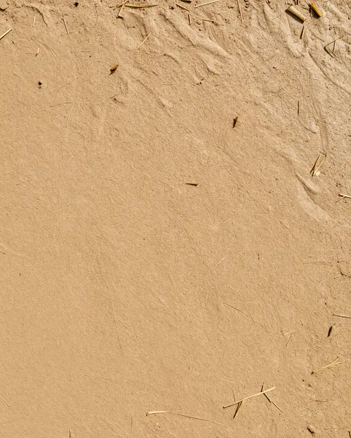 Full frame close-up of a smooth adobe mud surface with scattered embedded straw fragments under even light