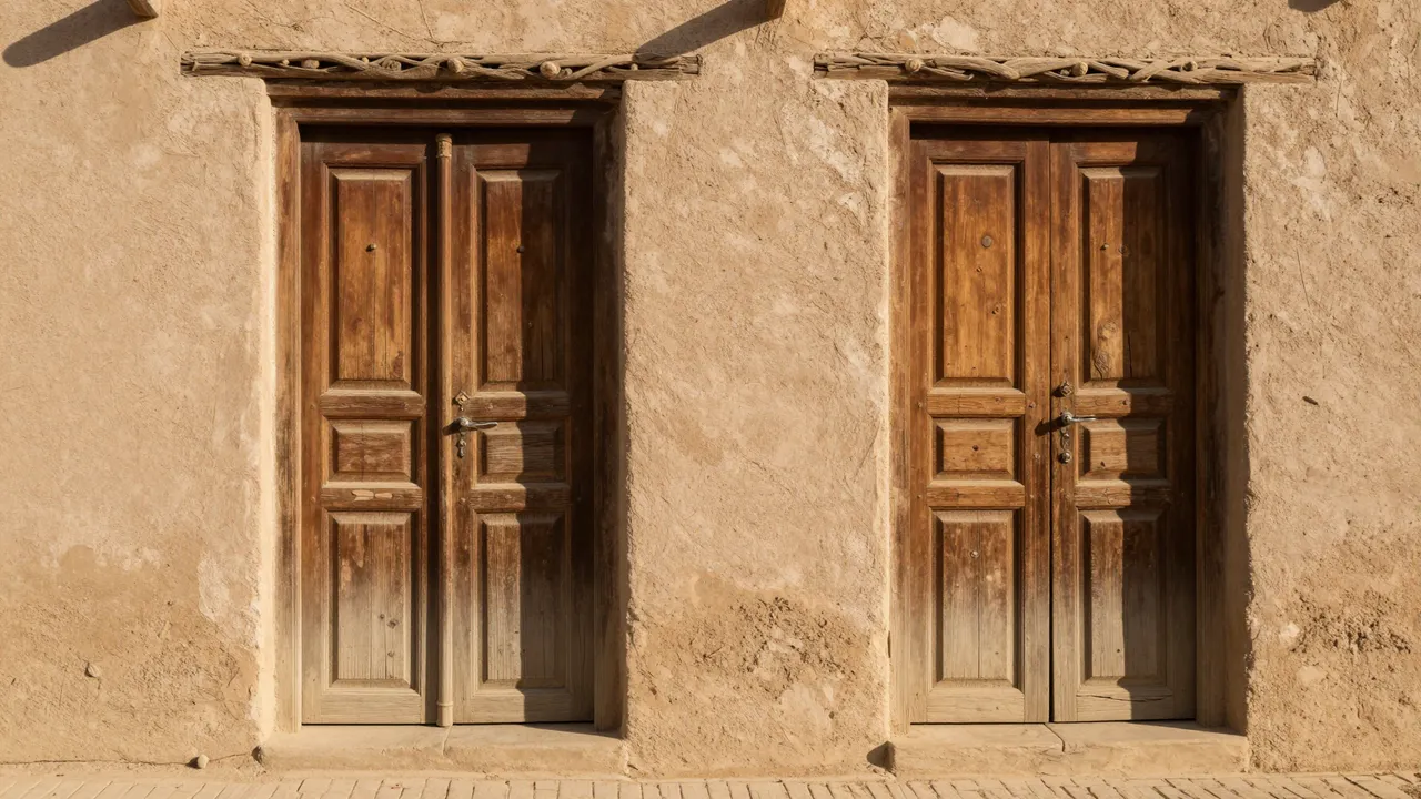 Two weathered carved wooden doors set into a textured adobe wall in warm low sunset light
