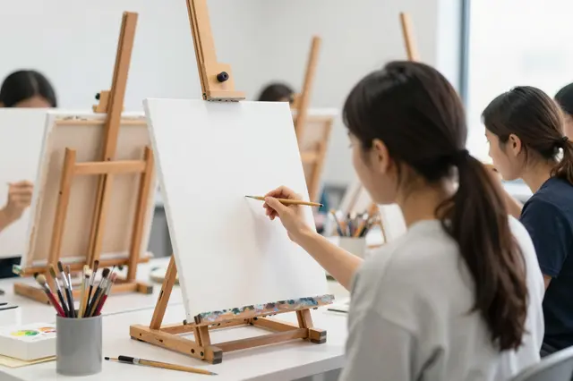Group of adult artists working at wooden easels in a bright sunlit art studio, viewed from behind.