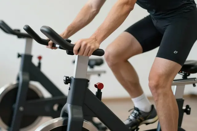 Partial view of an adult riding an unbranded indoor exercise bike in a light fitness room