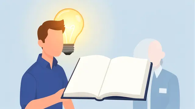 Faceless adult figure holds an open blank book beneath a glowing lightbulb, with a second faceless person in the background