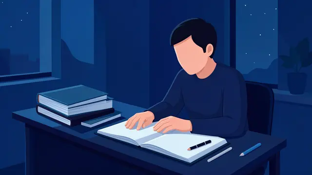 Faceless adult student studies at a desk with books in a dark blue nighttime room