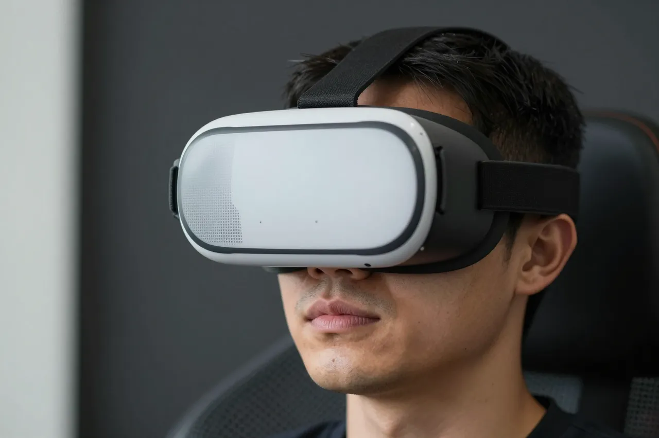 Close-up of an adult man wearing an unbranded VR headset while seated indoors.