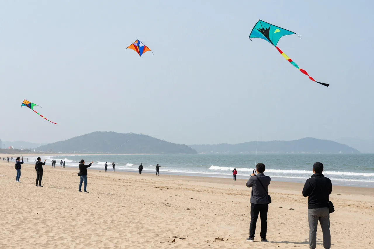 View from behind of adults flying colorful kites on a breezy sandy beach with distant hills across the ocean.