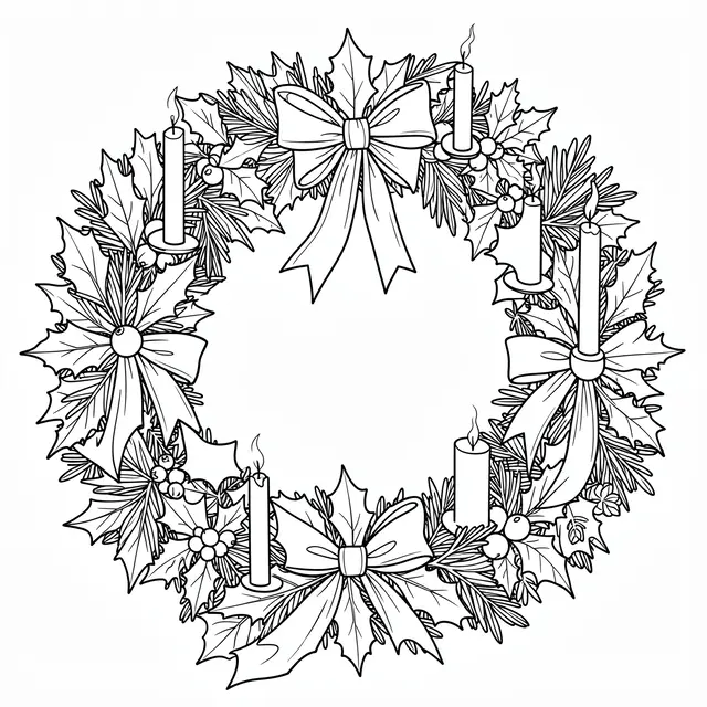 Intricate black and white line art advent wreath with candles, holly and bows on a plain white background