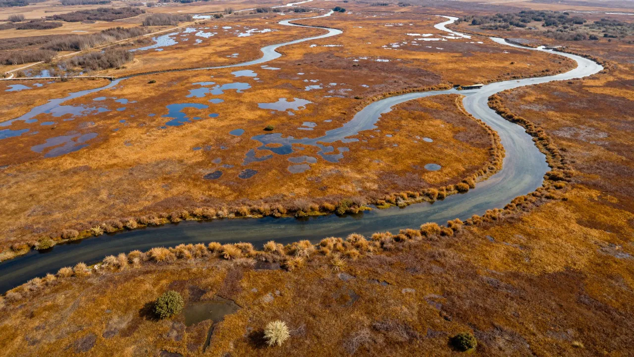 Top down aerial view of meandering water channels winding through golden rust-colored autumn wetland marsh