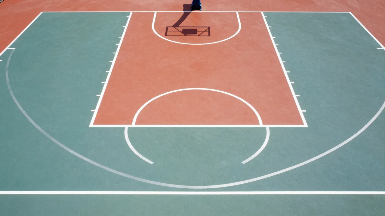 Overhead view of a brightly painted outdoor basketball court with red, teal and white line markings.