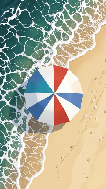 Top-down illustration of a striped beach umbrella sitting on a sandy shore as foamy ocean waves lap nearby.