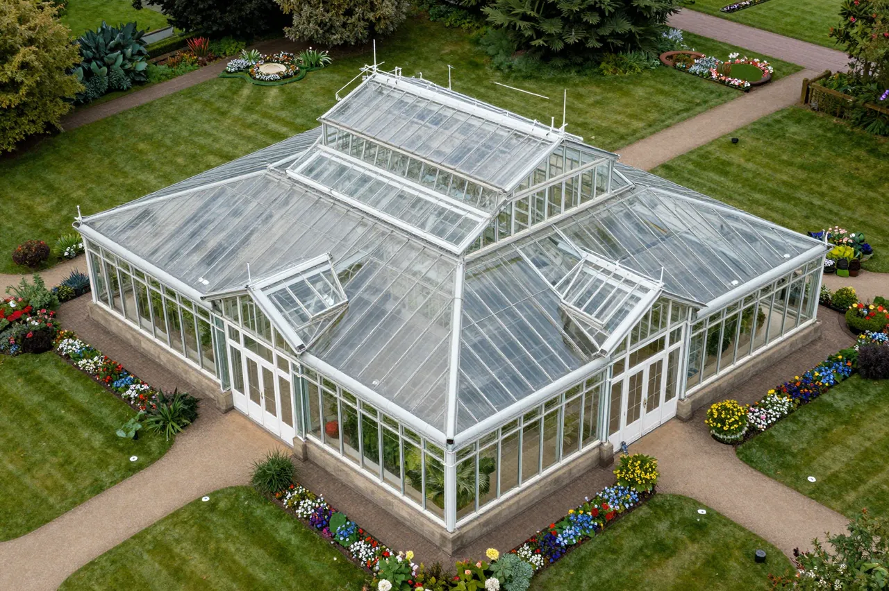 A top-down aerial view of an ornate glass greenhouse surrounded by neat lawns and colorful flower beds in a botanical garden