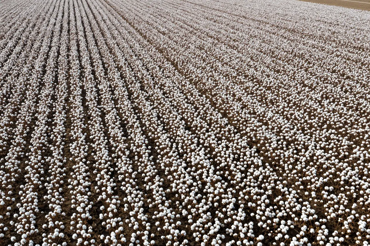 High angle aerial view of neat parallel rows of fluffy white cotton plants ready for harvest