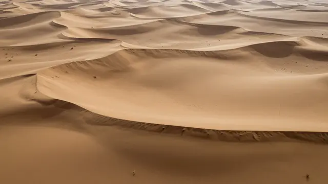 High angle aerial view of sweeping, curved desert dune crests stretching across a vast sandy landscape
