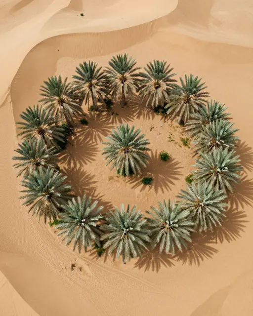 Top down aerial view of date palms arranged in a circular pattern surrounded by rippled sand dunes