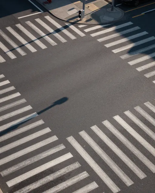 High angle view of an empty street intersection with crosswalk stripes and long evening shadows.