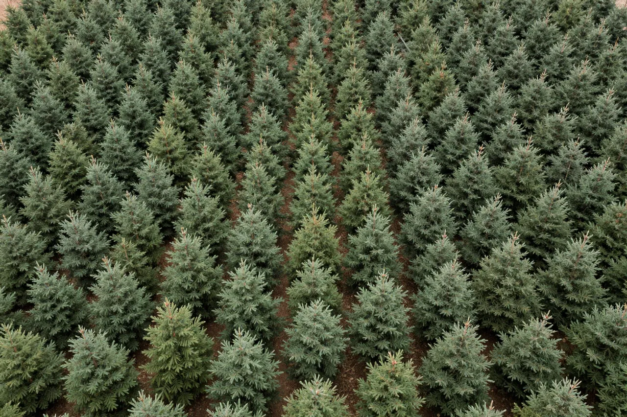 A high-angle aerial view of neat parallel rows of young conifer trees in a tree farm