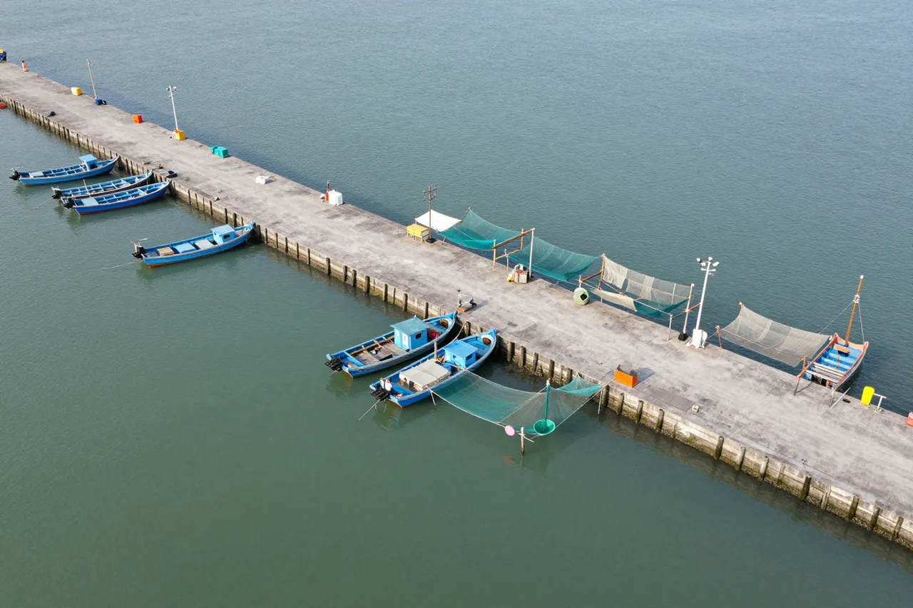 Overhead view of a concrete fishing jetty with moored blue boats and drying nets on calm green water