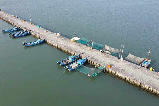 Overhead view of a concrete fishing jetty with moored blue boats and drying nets on calm green water