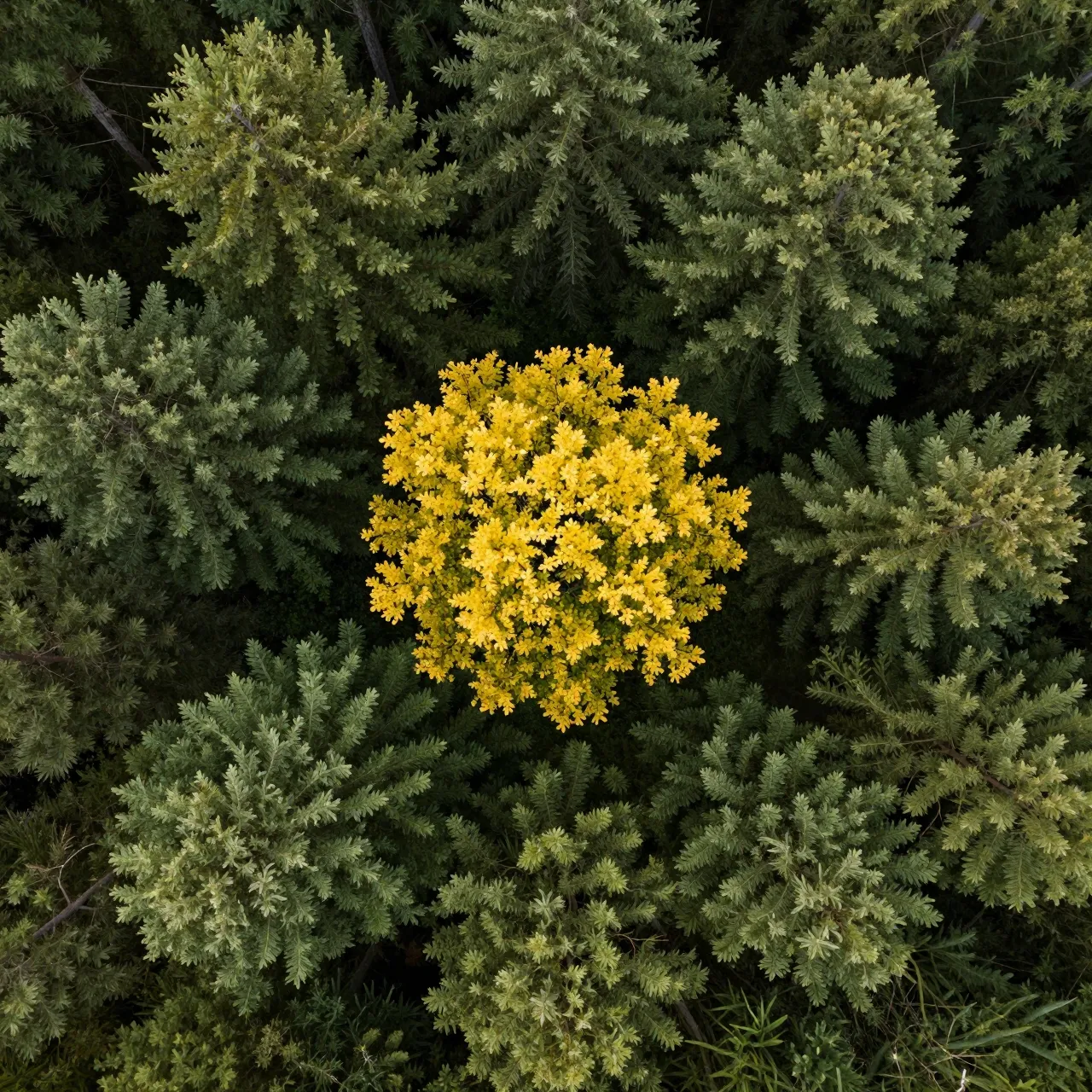 Top-down aerial view of a dense green forest canopy with one distinct bright yellow tree at its center