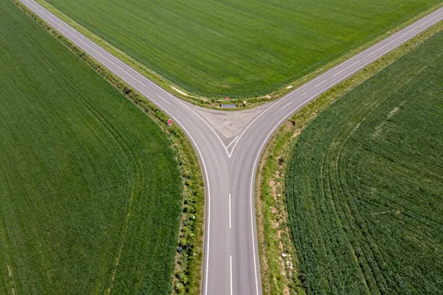 Top down aerial view of a paved country road splitting into two paths between lush green farm fields