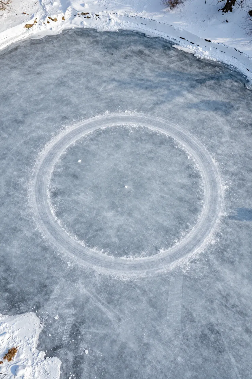 Overhead view of a frozen pond with a swept circular skating track bordered by snowbanks