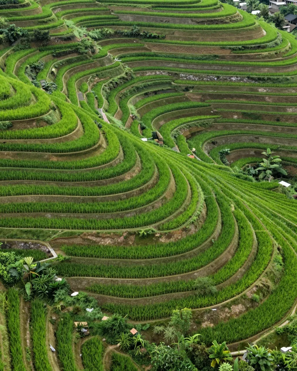 A high angle view of curving layered green rice terraces wrapping around a steep hillside