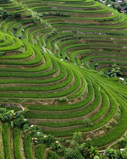 A high angle view of curving layered green rice terraces wrapping around a steep hillside