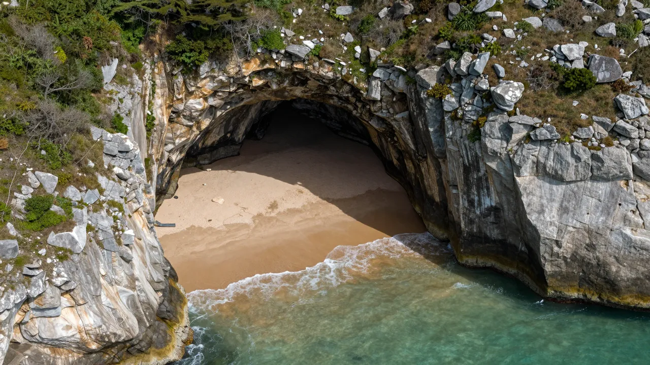 Aerial view of a secluded sandy hidden cove enclosed by limestone cliffs and a natural sea cave opening to turquoise ocean