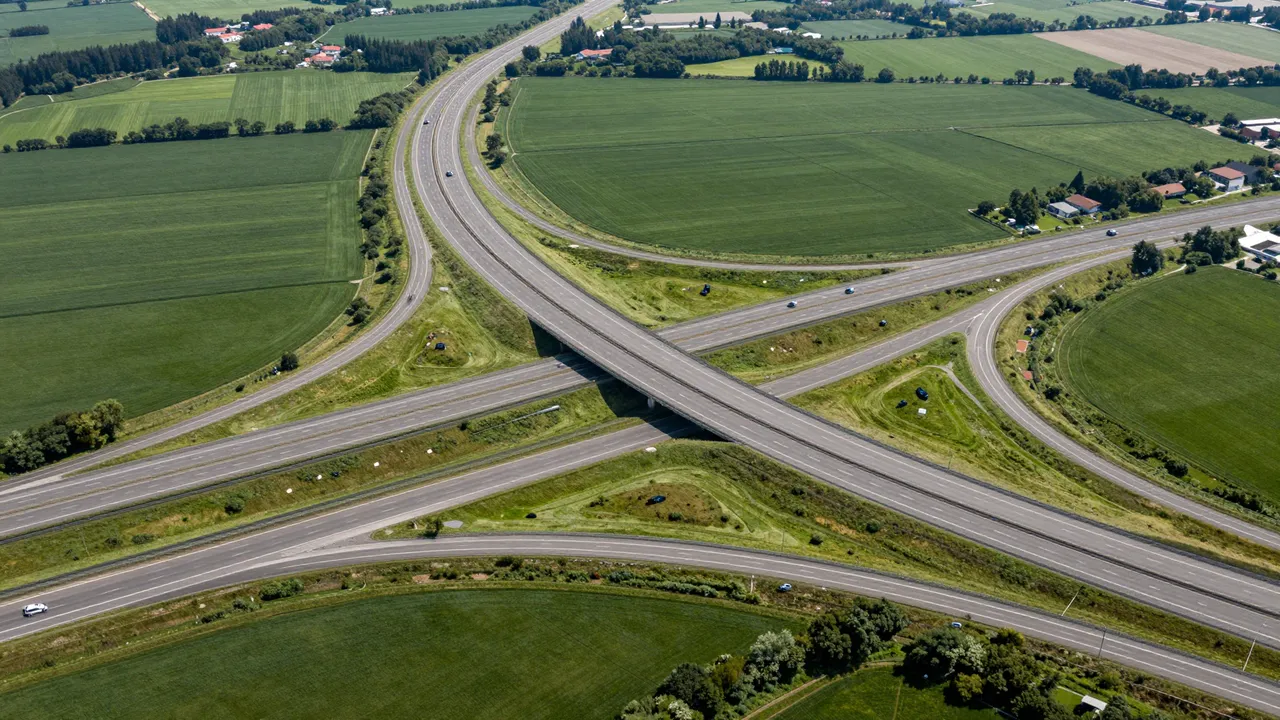 Aerial top-down view of a multi-lane highway interchange winding through green rural farm fields on a sunny day.
