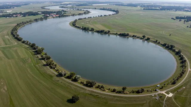 High angle aerial view of a broad curved river meander on a lush green floodplain dotted with trees