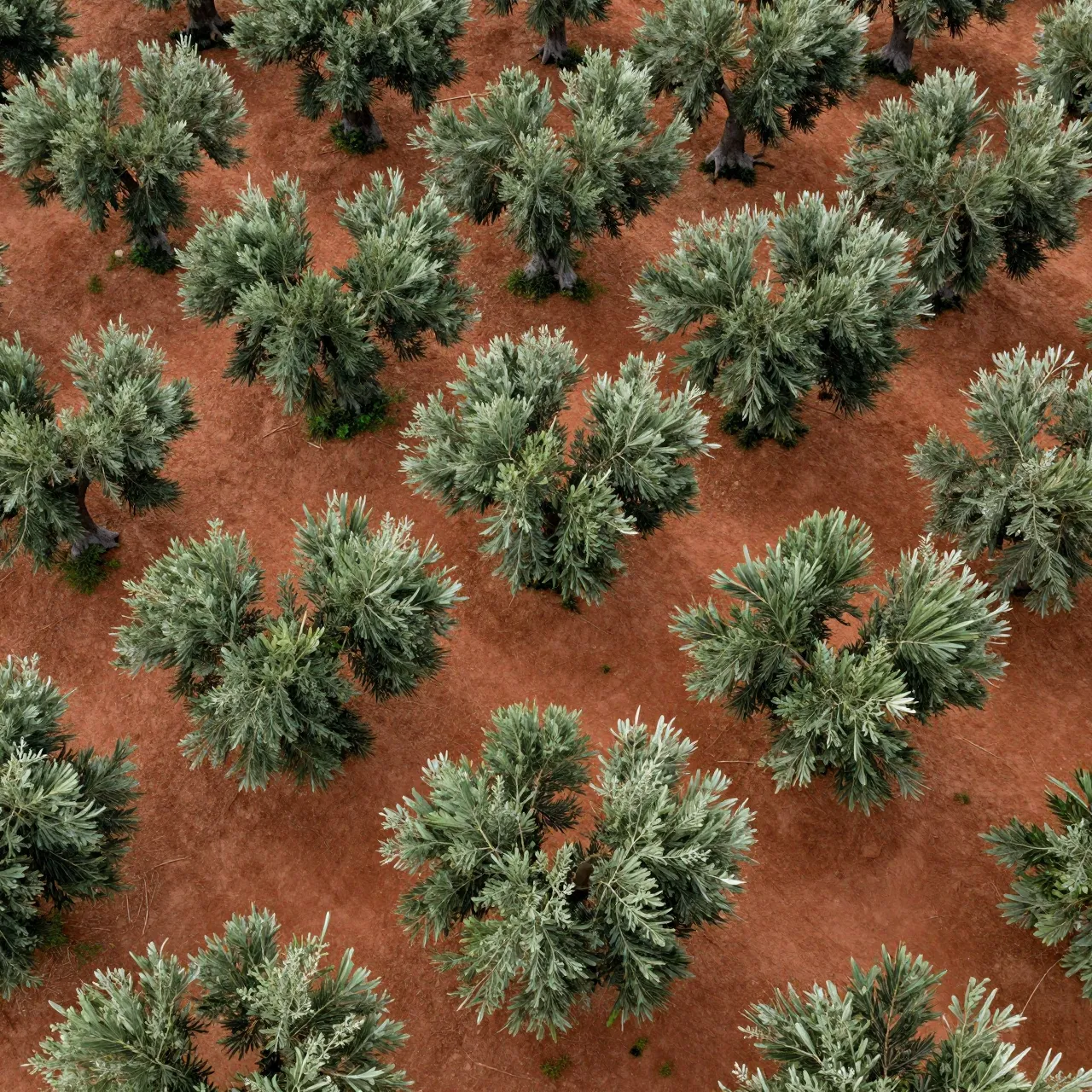 Top-down aerial view of evenly spaced olive trees with silvery green canopies growing on rich red soil