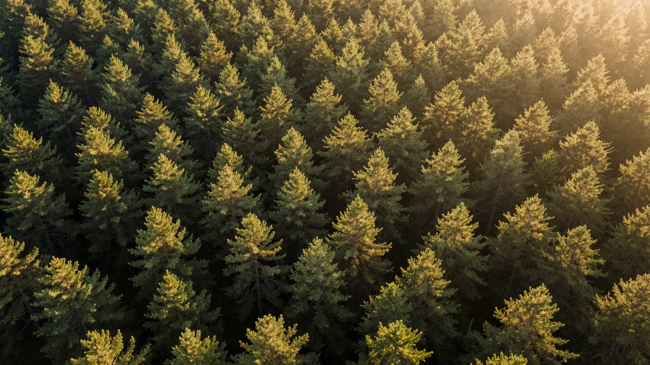 A top-down aerial view of a dense pine forest lit by warm golden sunrise light spilling over the treetops