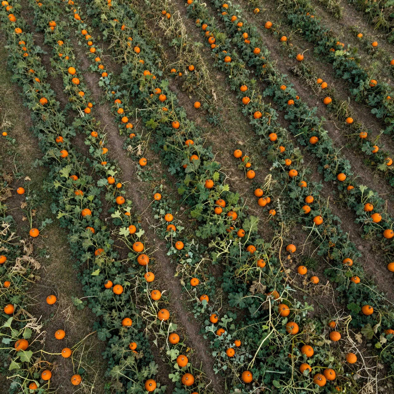 Top-down aerial view of neat rows of orange pumpkins growing among green field vines