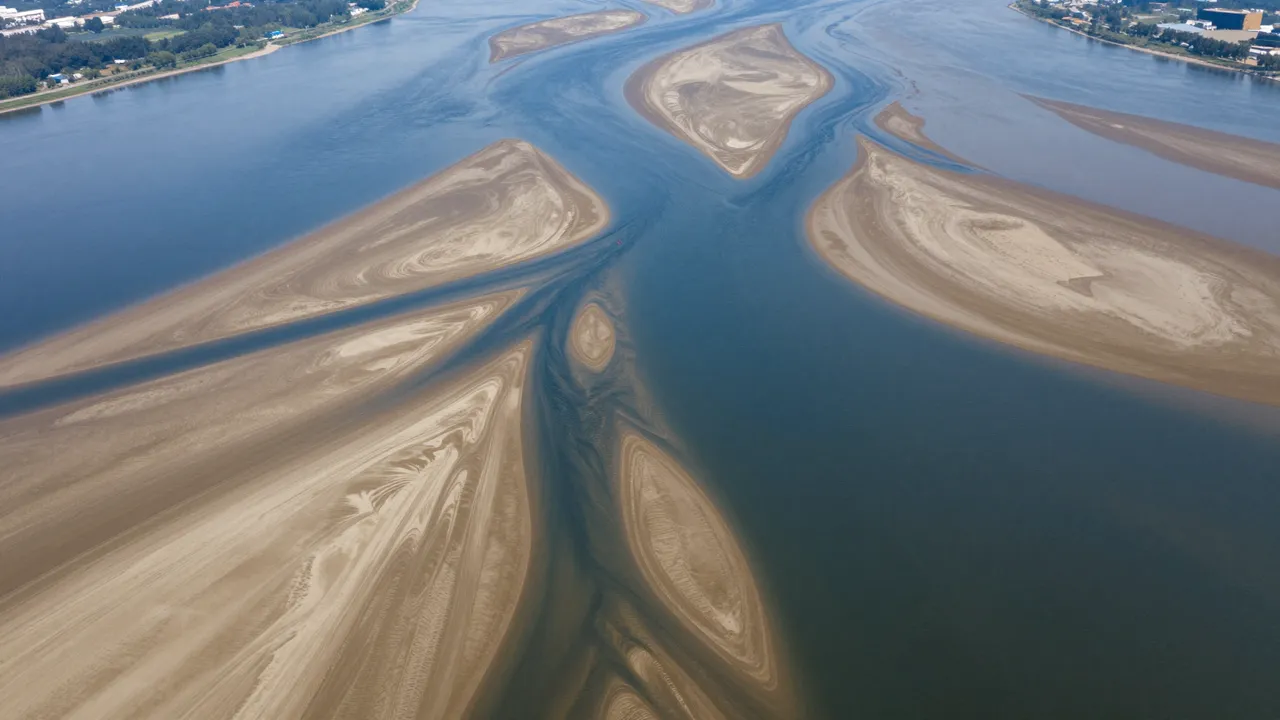 Top-down aerial view of a branching river delta with winding blue channels and patterned tan sandbars.