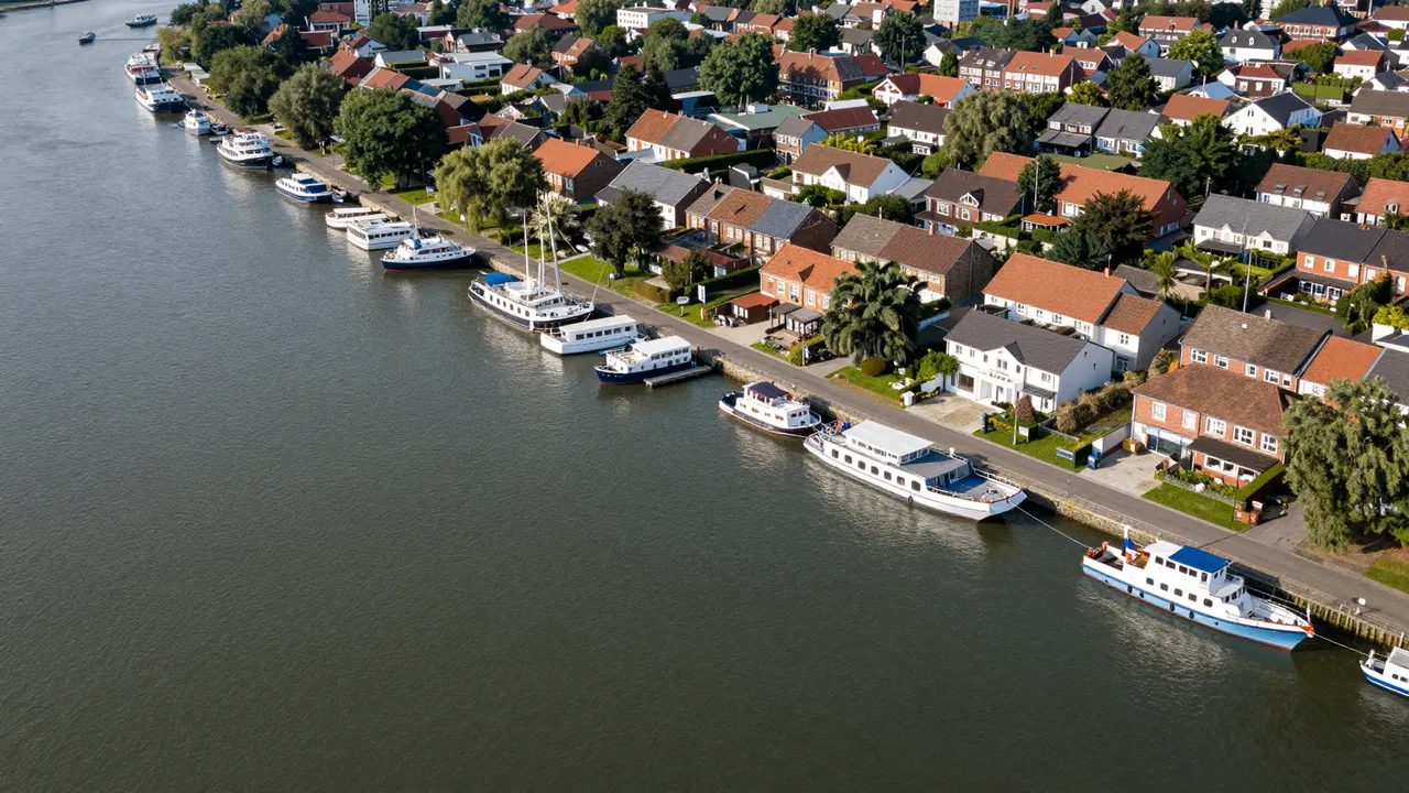 Aerial view of a riverside town with a line of moored boats along a tree-lined residential bank