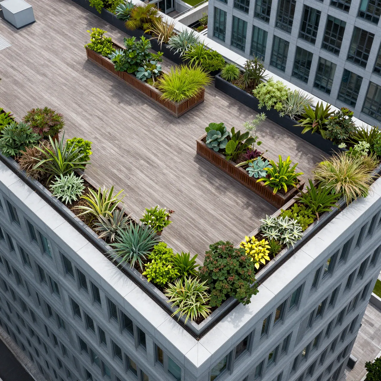 Top-down aerial view of a city building rooftop with wooden decking and lush planted planters.