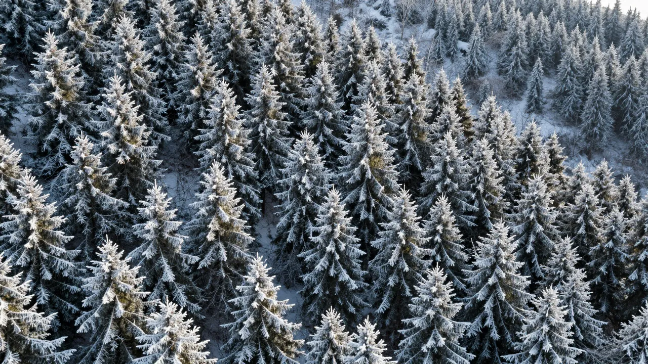 Aerial overhead view of a dense snow-dusted spruce forest covering a steep winter hillside