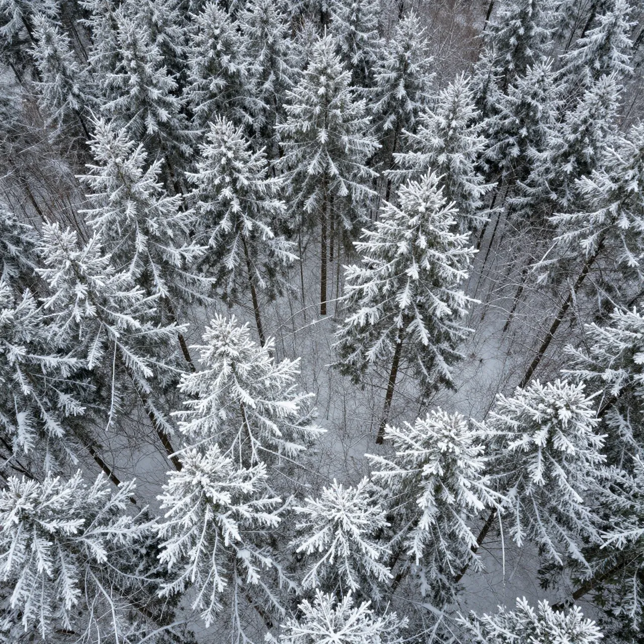 Top-down aerial view of a dense winter forest with thick snow blanketing evergreen treetops