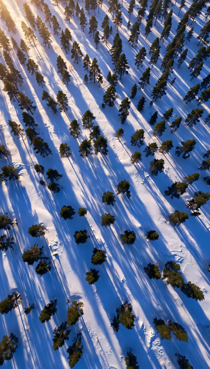 Top-down aerial view of a snowy pine forest with long blue shadows stretching across snow at golden sunrise