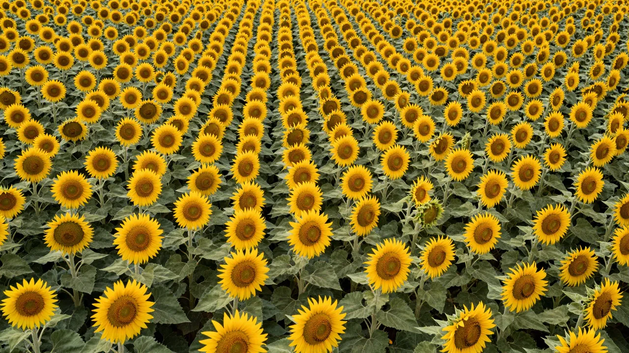 Straight-down aerial view of neatly aligned rows of blooming sunflower heads across a wide field