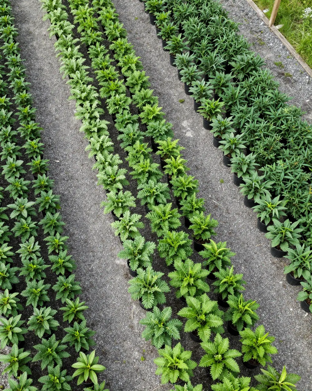 Overhead view of orderly rows of potted saplings arranged on gravel nursery paths