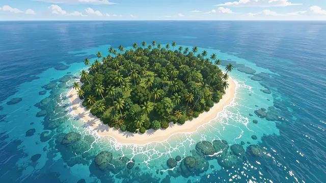 Overhead view of a small palm-covered tropical island surrounded by turquoise ocean and coral reef