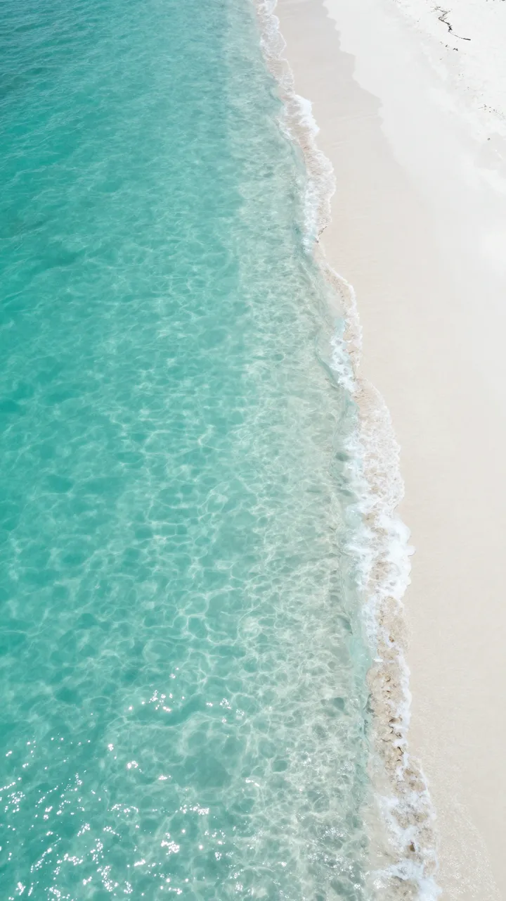 Top-down vertical view of clear turquoise ocean gently lapping against a bright white sandy beach.