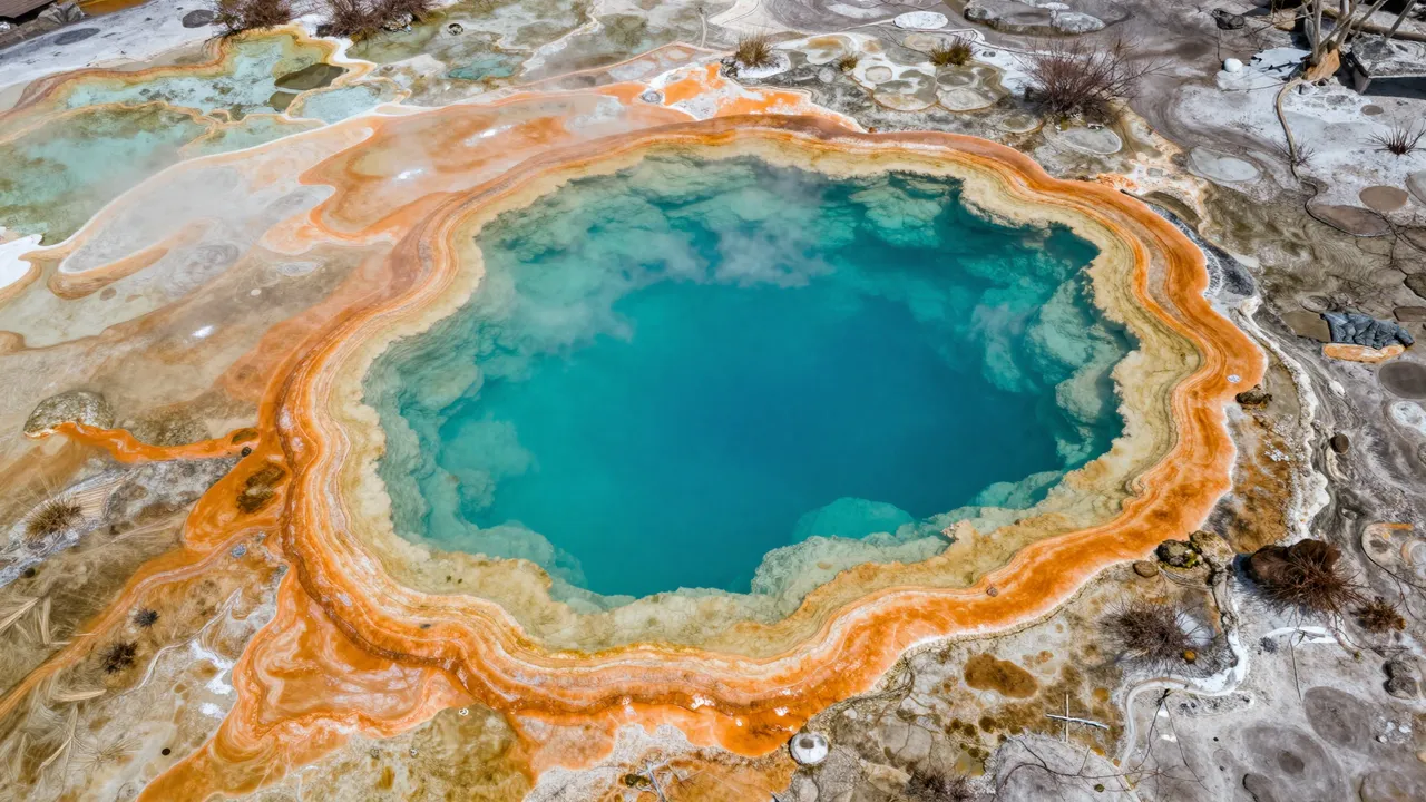 Top down aerial view of a hot spring with vivid turquoise water and layered orange mineral rings
