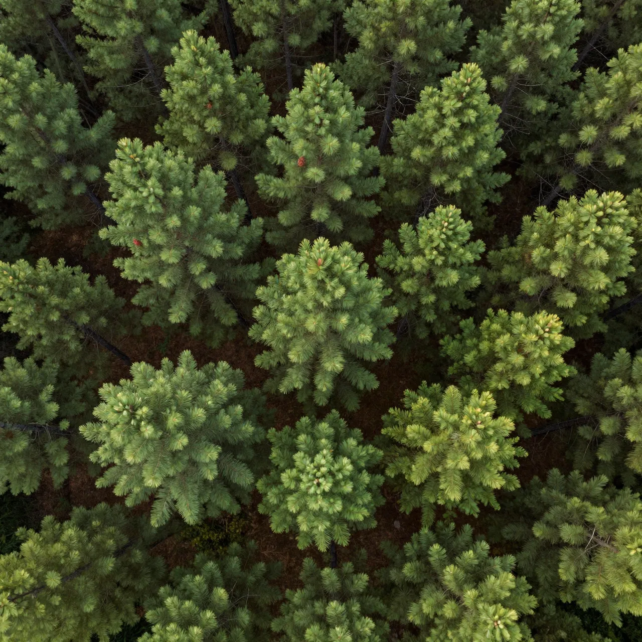 Top-down aerial view looking down at the clustered treetops of a dense pine forest