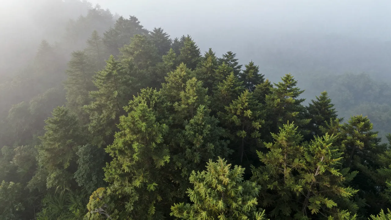 Dense evergreen treetops rise above a thick layer of soft fog seen from an aerial perspective.